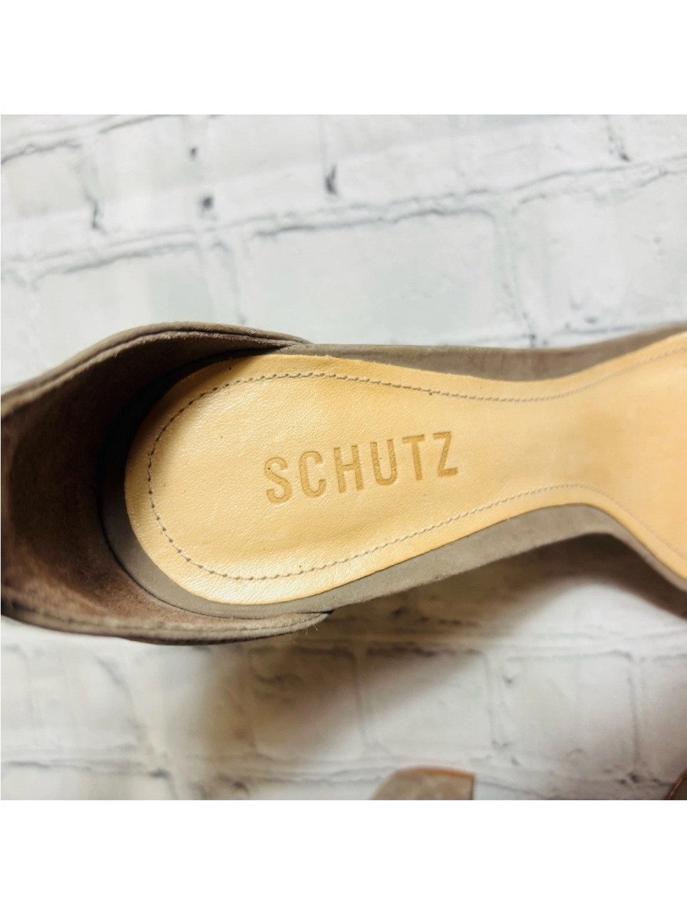 Schutz Enida Block Heel Ankle Strap Shoes Taupe Lightwood Suede Size 8.5B - Picture 5 of 12